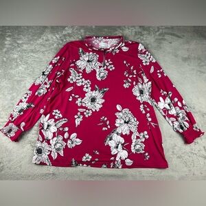 Susan Graver Printed Liquid Knit Top 2X Plus Blouson Sleeves Pink White Floral